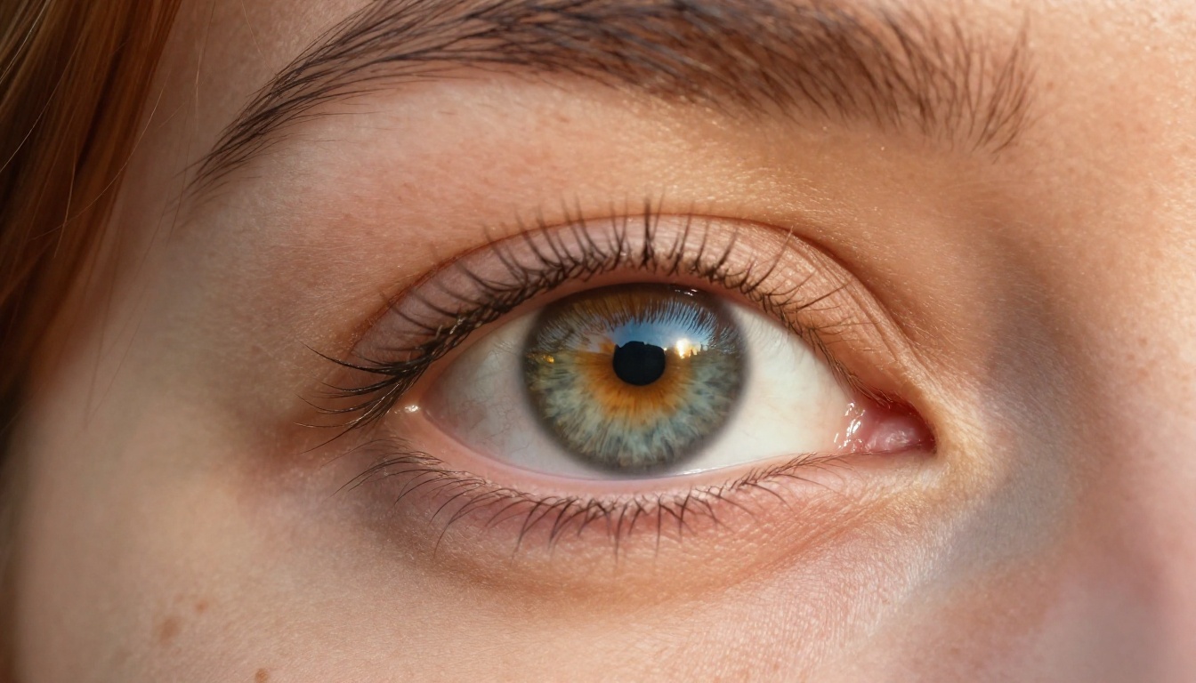 Extreme close-up of a hazel eye reflecting a distant city skyline at dusk