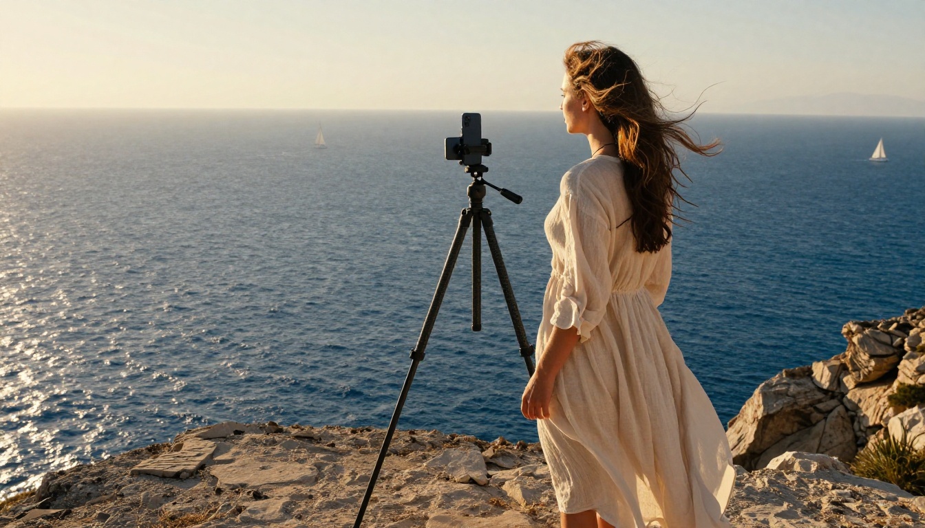 Traveler in linen dress filmed vertically on Mediterranean cliffside