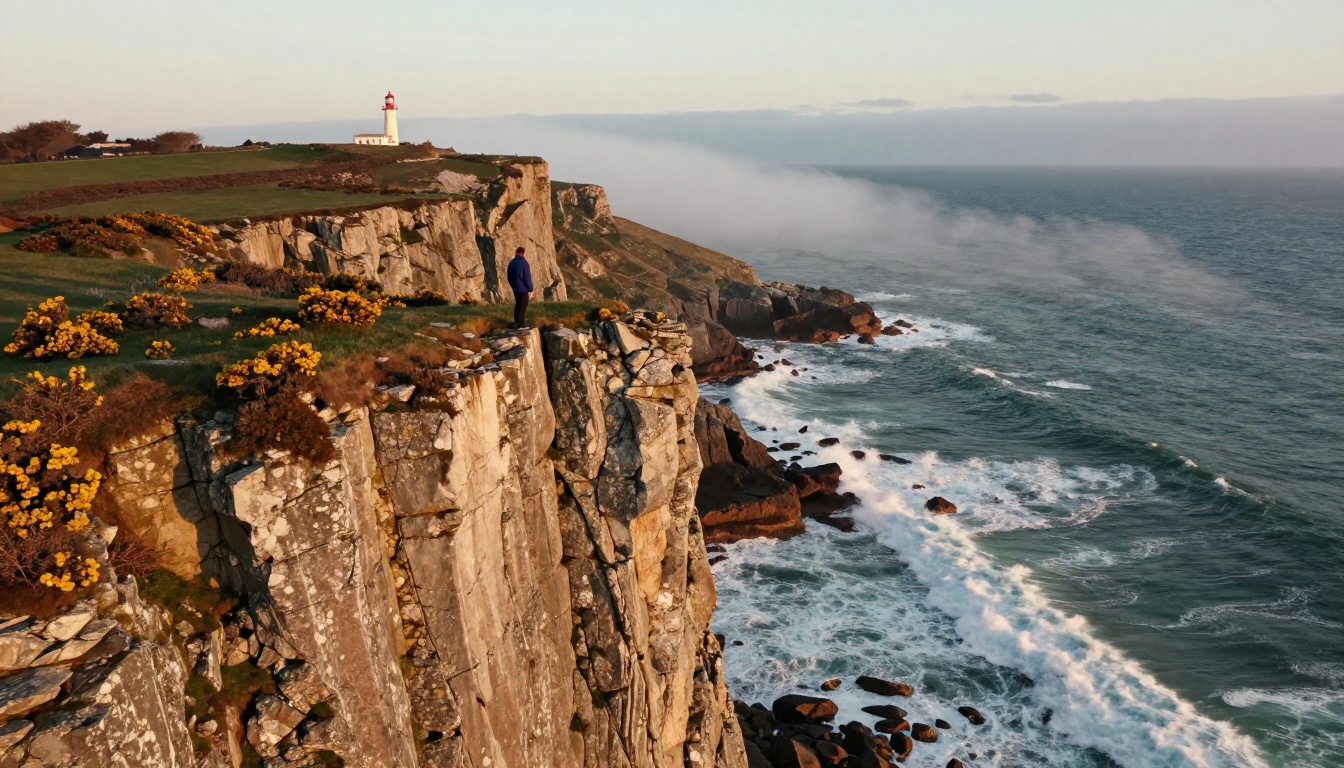 Aerial drone view of a coastal cliff at golden hour with a single figure Aerial drone view of a coastal cliff at golden hour with a single figure