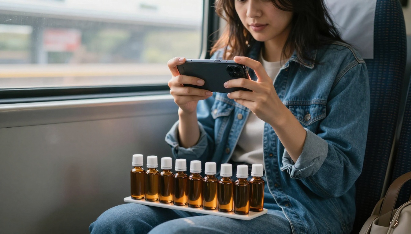 Creator filming vertical unboxing of skincare bottles on subway
