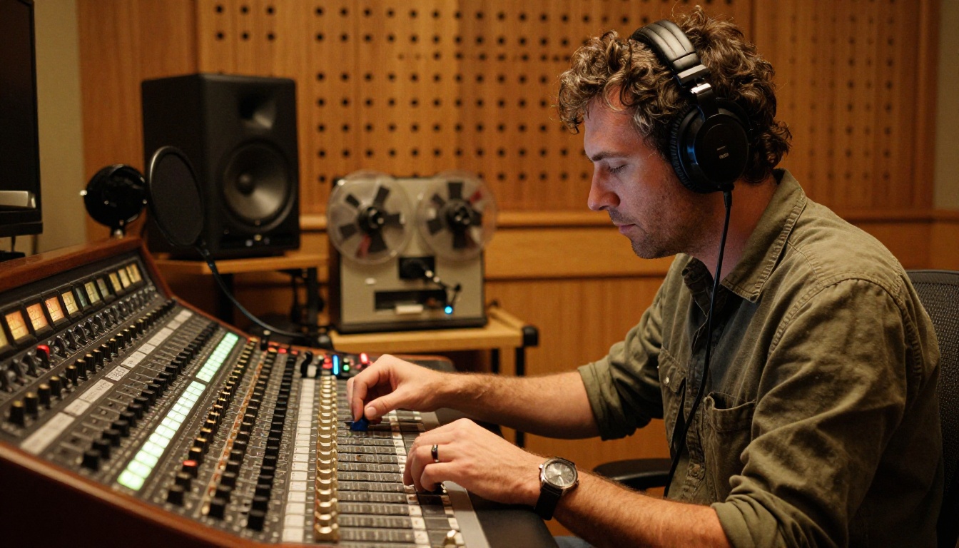 Sound engineer at a vintage analog mixing console with warm tungsten lighting