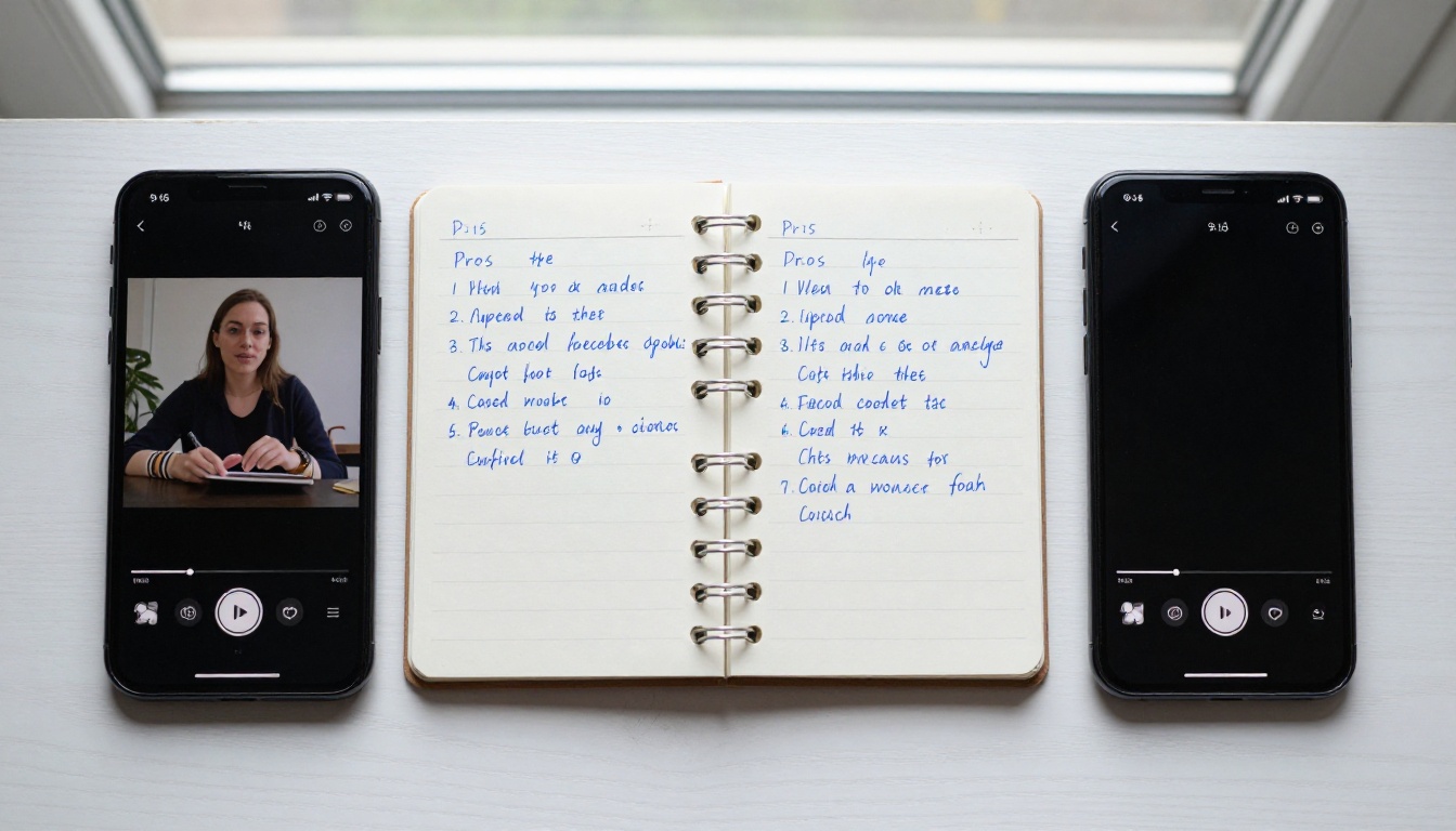 Two vertical smartphones side by side on white oak desk comparing clips