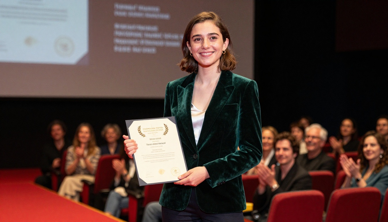 First-time filmmaker on stage holding a laurel certificate