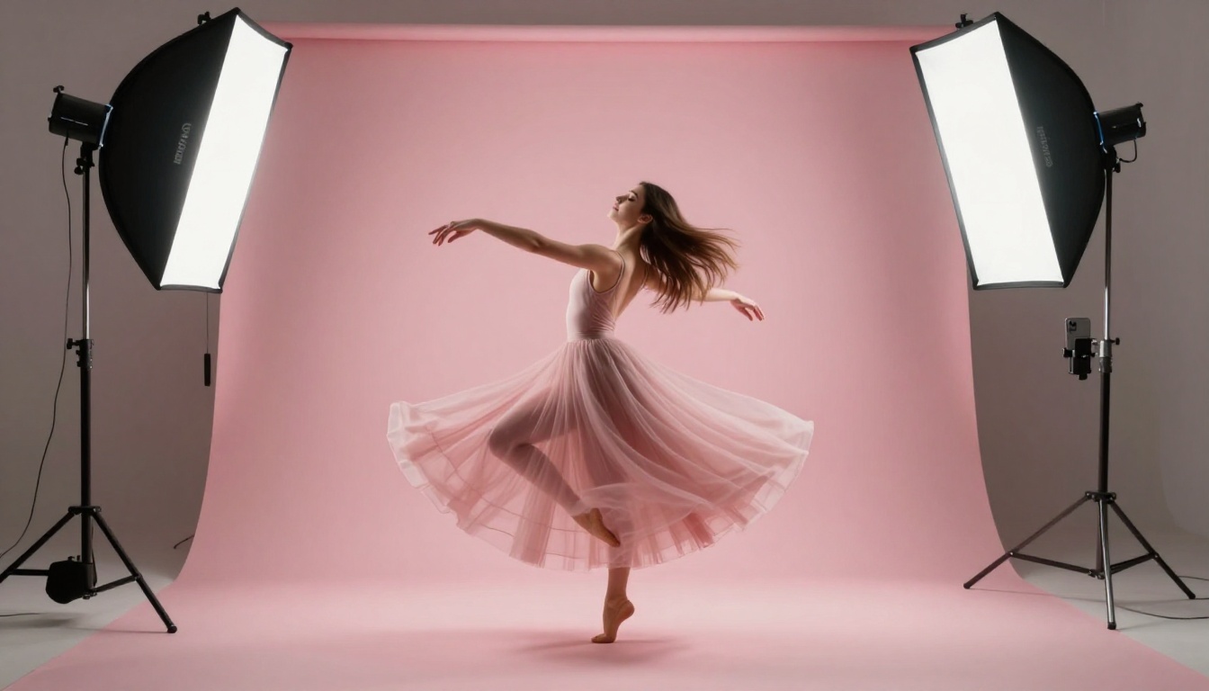 Dancer mid-spin captured vertically against dusty pink studio backdrop