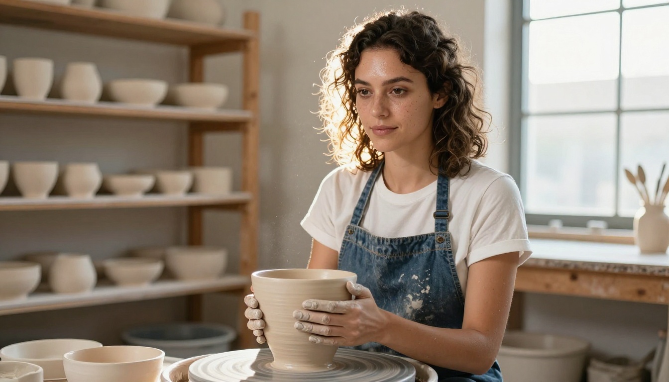 Female ceramicist in a sun-drenched pottery studio