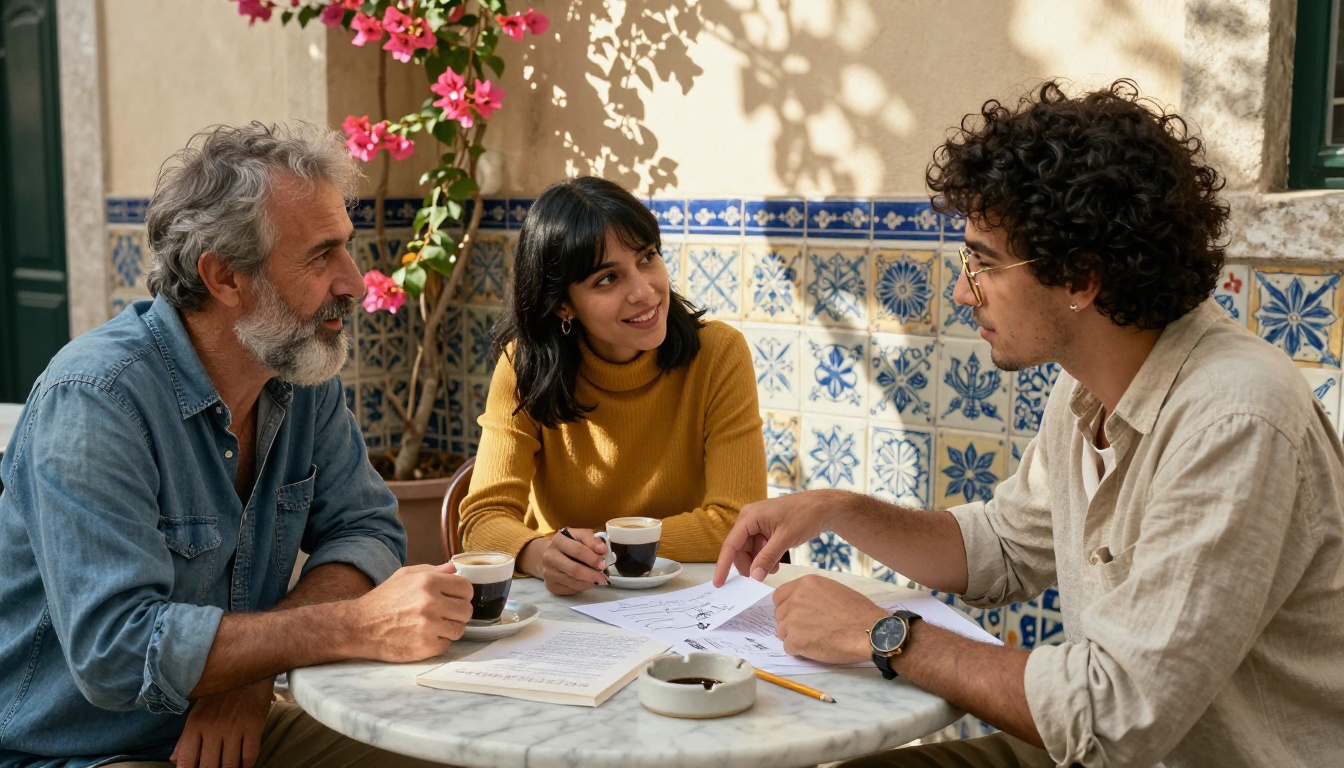 A diverse trio of creative collaborators around a marble cafe table in a tiled courtyard