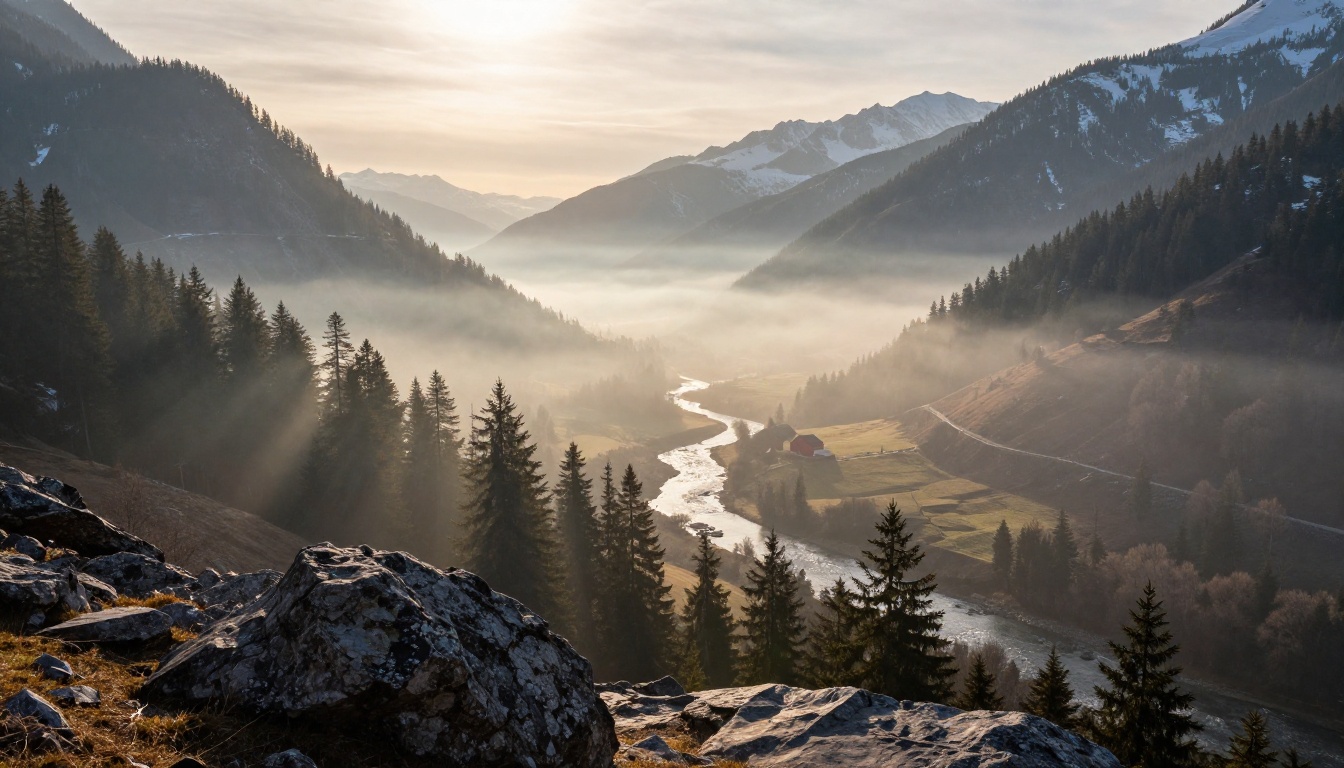 Misty alpine valley at sunrise with layered mountains