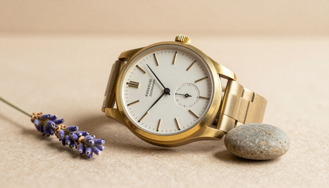 Brass mechanical wristwatch on textured beige cardstock