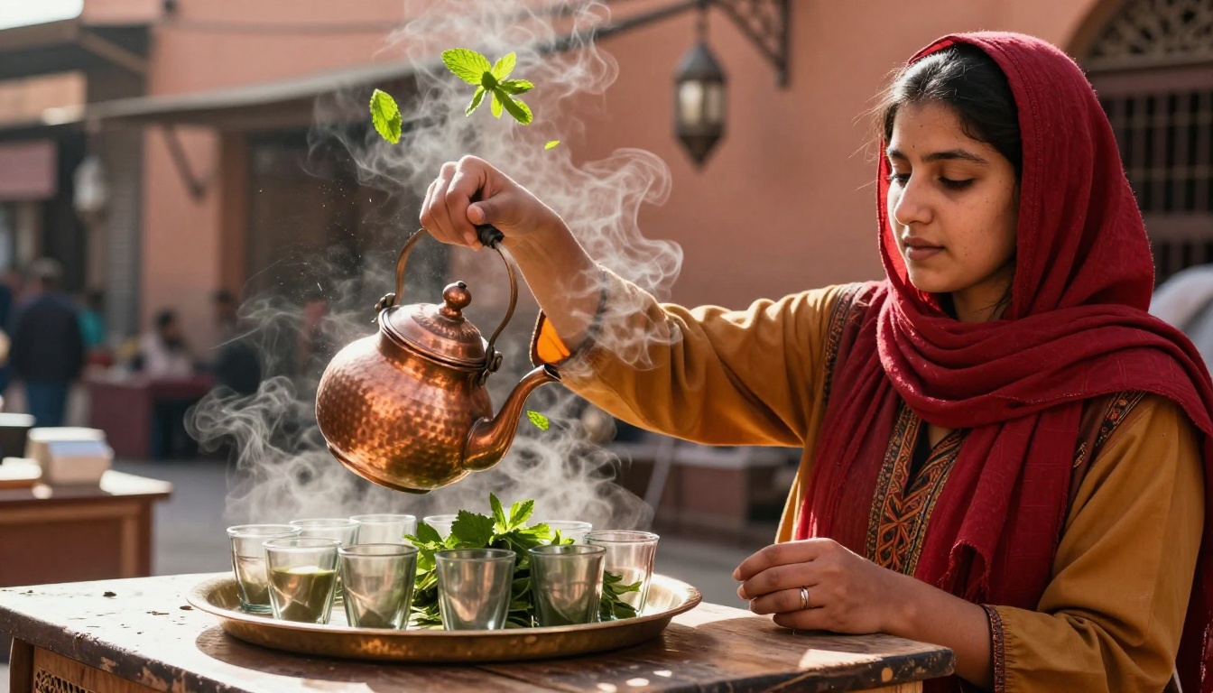 Female tea vendor tossing mint leaves into copper teapot