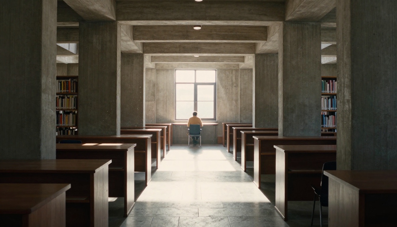 Brutalist concrete library interior with skylight beams