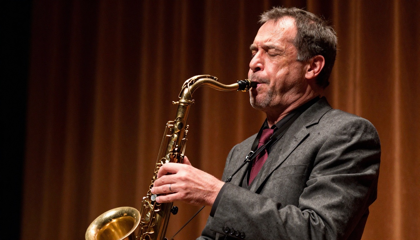 Side-profile jazz saxophonist in mid-performance with tungsten spotlight
