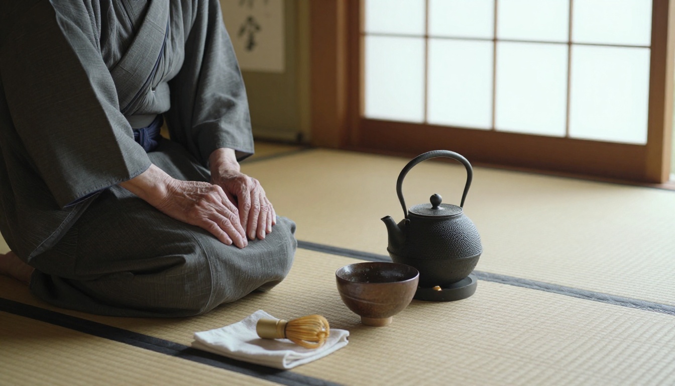Japanese tea ceremony with elderly master on tatami