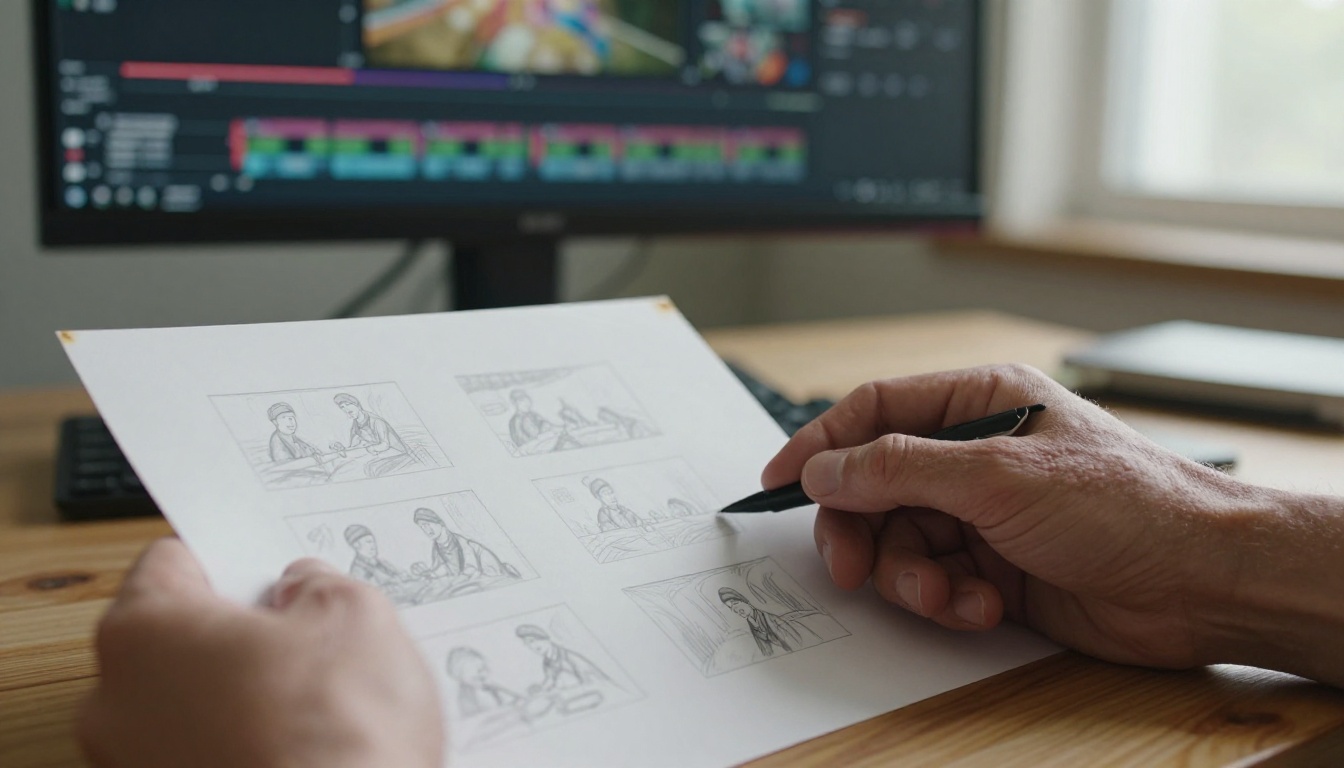 Hands holding a printed storyboard beside a video timeline monitor in a softly lit studio