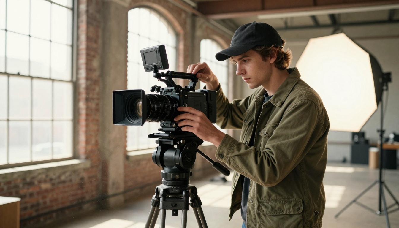 Camera operator adjusting a cinema rig on a tripod in an industrial loft studio