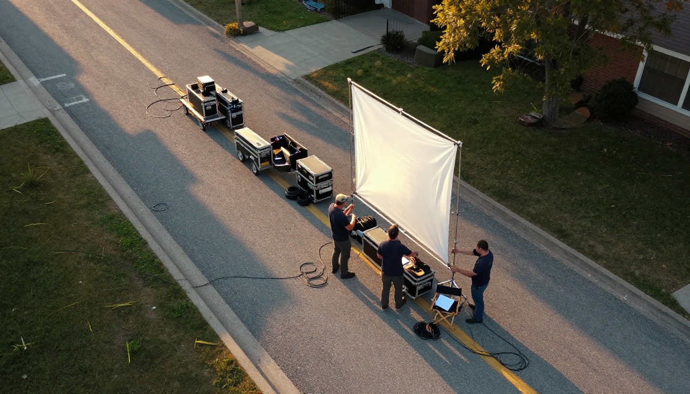 Aerial overhead view of an outdoor film production set at golden hour