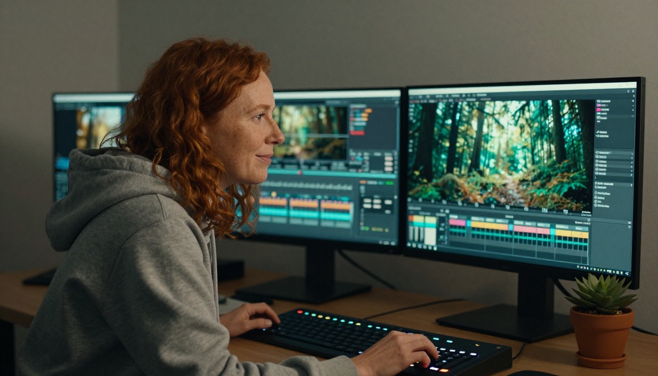 Video editor at a color grading suite comparing two graded shots on dual monitors