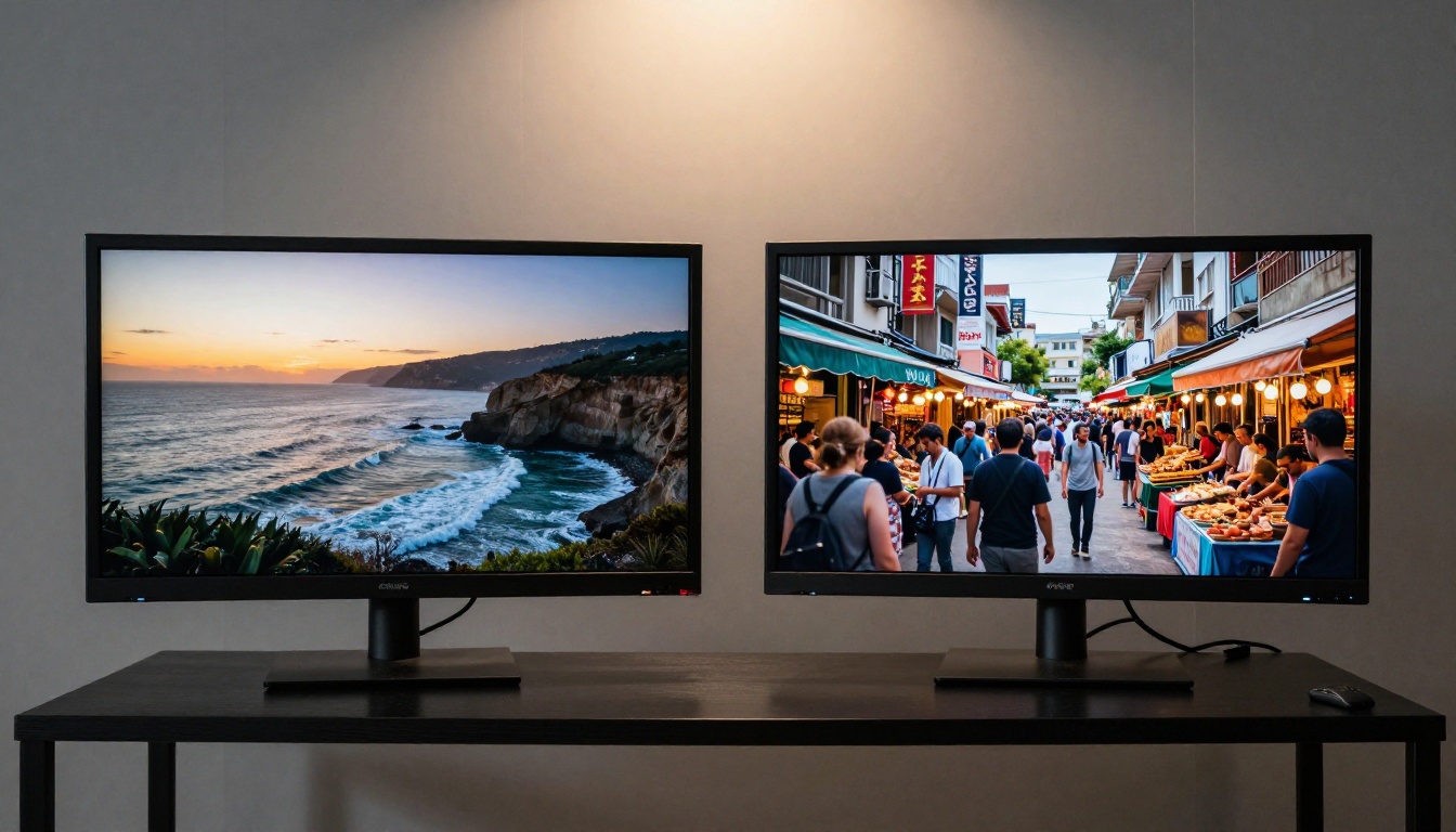 Two monitors on a stand showing different cinematic frames side by side in a review room