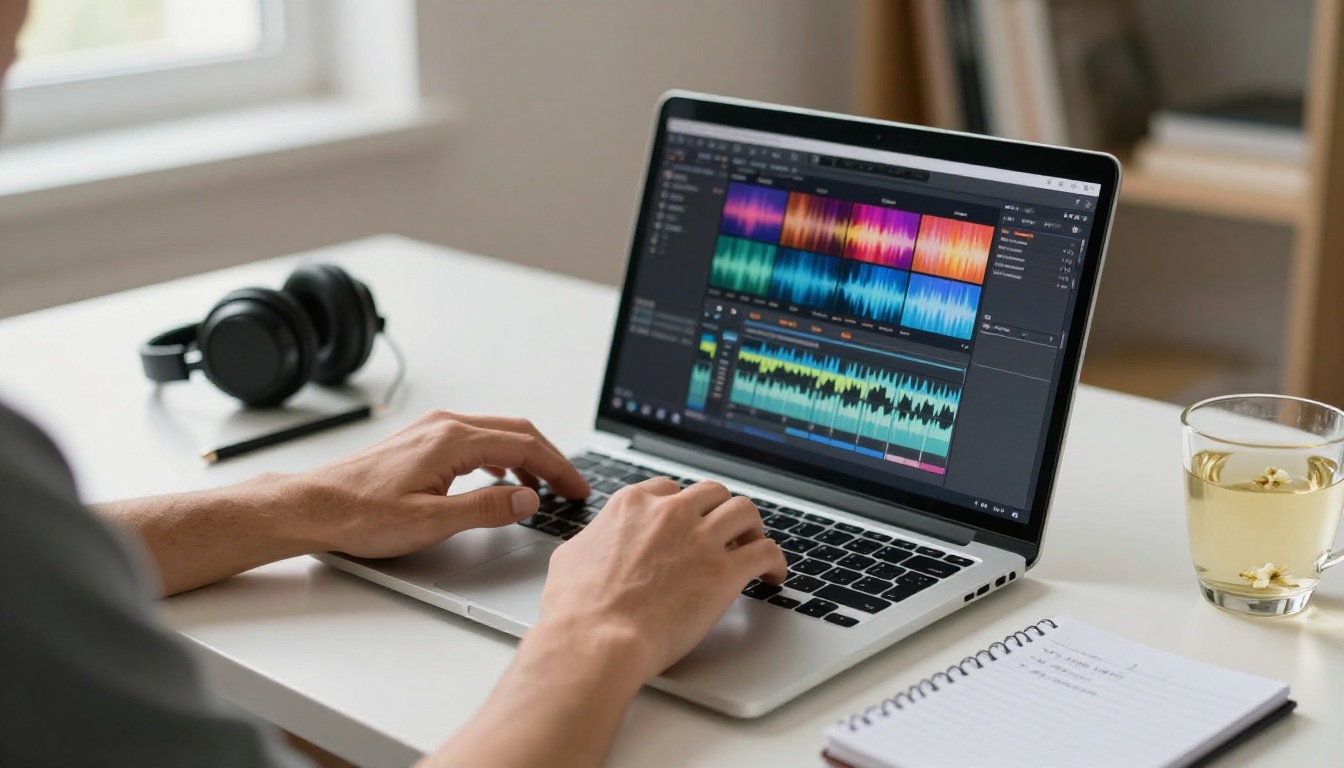 Hands typing on a laptop showing a video editing timeline on a minimalist white oak desk Hands typing on a laptop showing a video editing timeline on a minimalist white oak desk