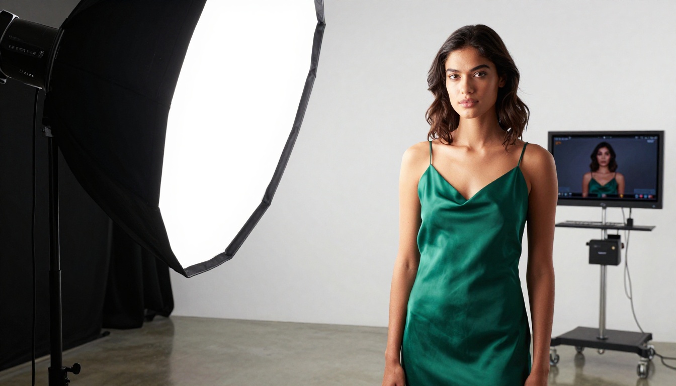 Studio shot of a model in an emerald green silk dress posing on a seamless white cyclorama Studio shot of a model in an emerald green silk dress posing on a seamless white cyclorama