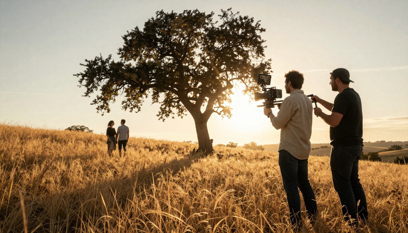 Director and gimbal operator filming a couple on a countryside hillside at golden hour Director and gimbal operator filming a couple on a countryside hillside at golden hour