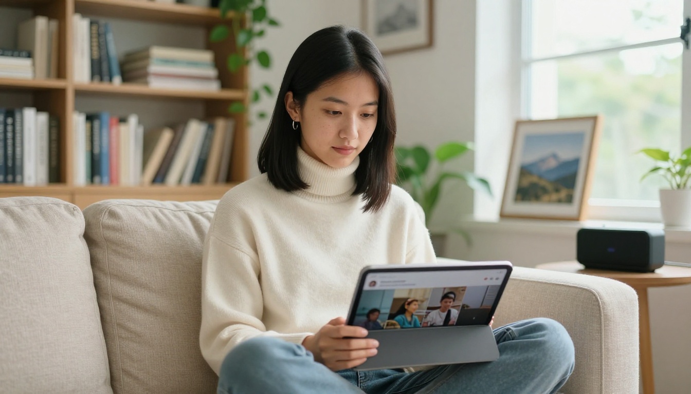 Marketer holding a tablet with a vertical short-form video preview in a sunlit home office Marketer holding a tablet with a vertical short-form video preview in a sunlit home office