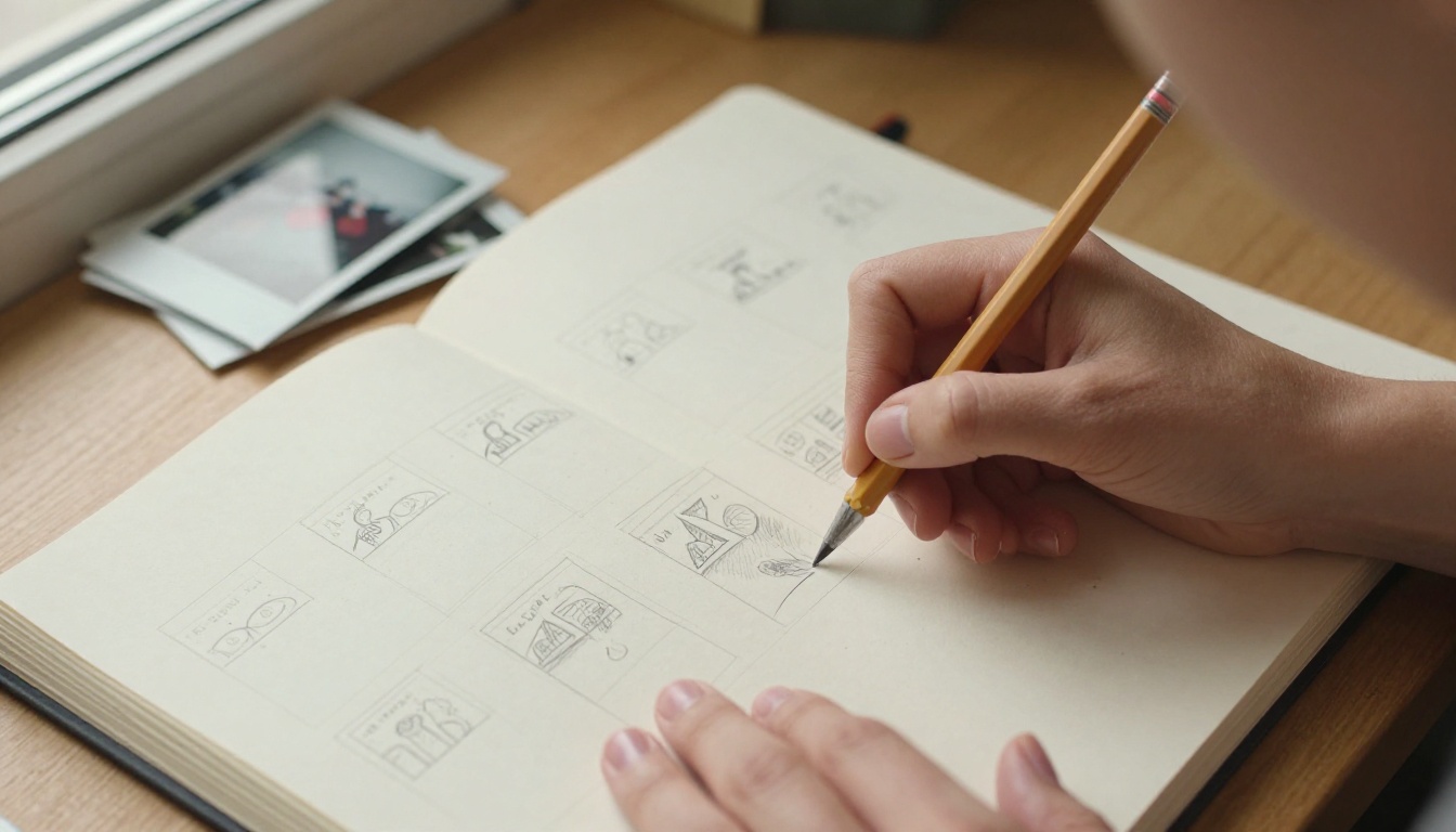 Top-down sketchbook with storyboard frames drawn in pencil beside small printed photographs and a paused video thumbnail strip