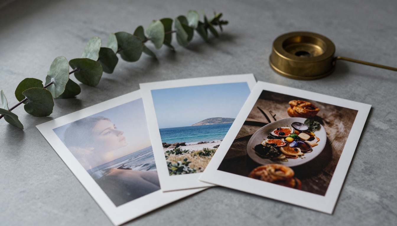 A close-up still life of three matte-finish printed photographs on grey marble beside a brass paperweight and fresh eucalyptus