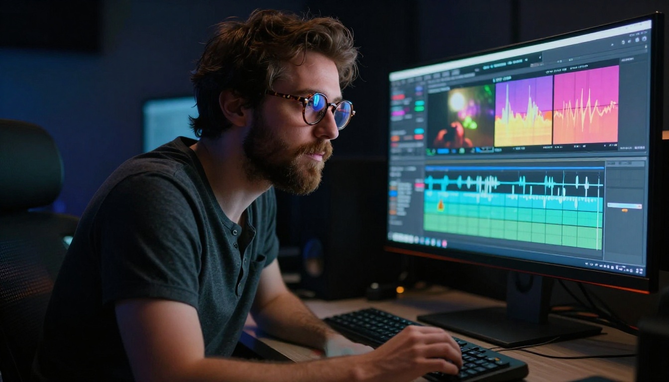 A focused male filmmaker leaning over a colorist's desk with a horizontal video timeline glowing on an ultrawide monitor