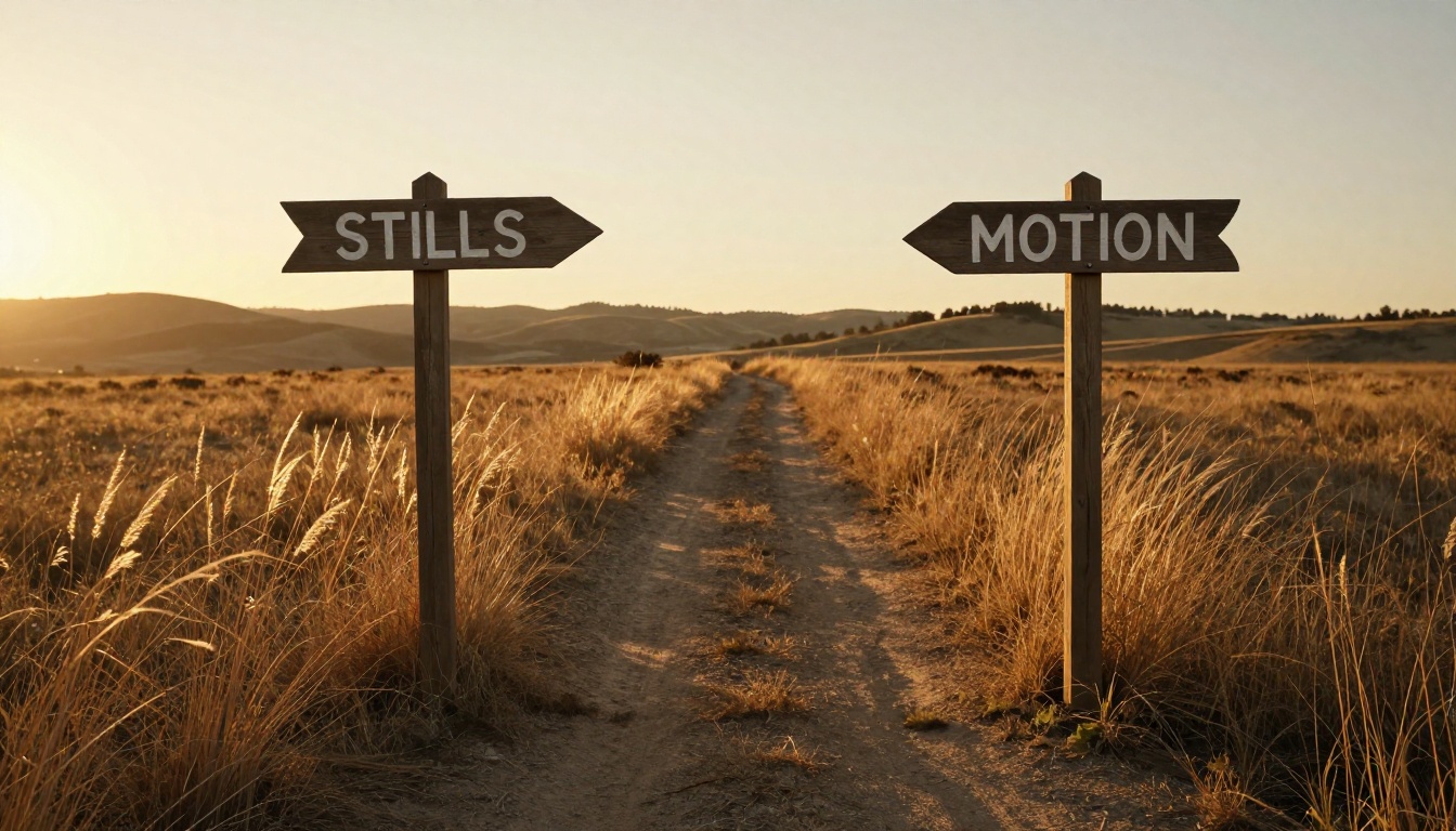 A quiet fork in the road at golden hour with hand-painted wooden signposts pointing to "STILLS" and "MOTION"