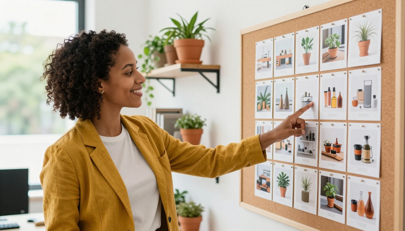 A Brazilian marketing manager in a mustard linen blazer reviewing a grid of printed product photos pinned to a cork board