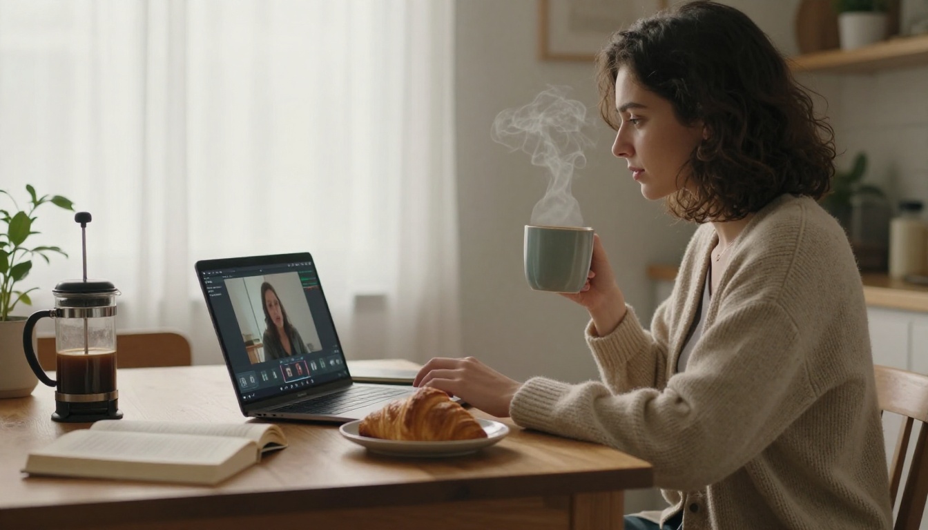 A cozy creator in an oat cardigan editing a short vertical video on a laptop at a small wooden kitchen table A cozy creator in an oat cardigan editing a short vertical video on a laptop at a small wooden kitchen table