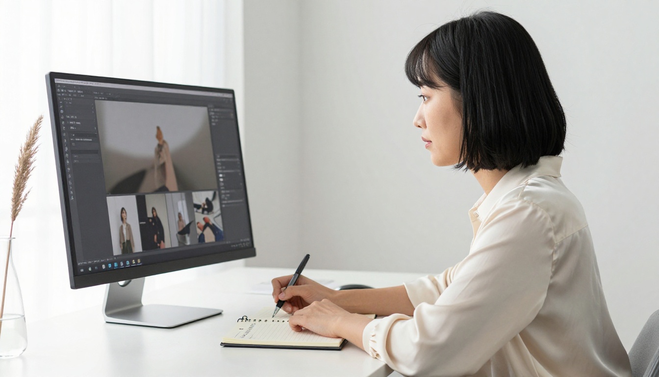 A Korean-American designer in a cream silk blouse typing prompt ideas into a notebook at a minimalist white workstation A Korean-American designer in a cream silk blouse typing prompt ideas into a notebook at a minimalist white workstation