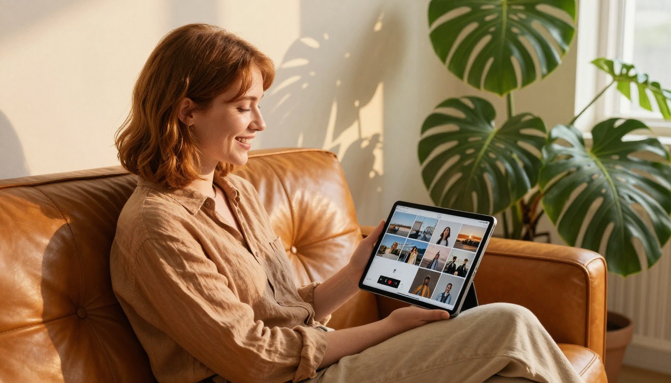A joyful entrepreneur with a tablet showing a thumbnail grid of photographs on one half and a paused video player on the other, in a sunlit loft A joyful entrepreneur with a tablet showing a thumbnail grid of photographs on one half and a paused video player on the other, in a sunlit loft
