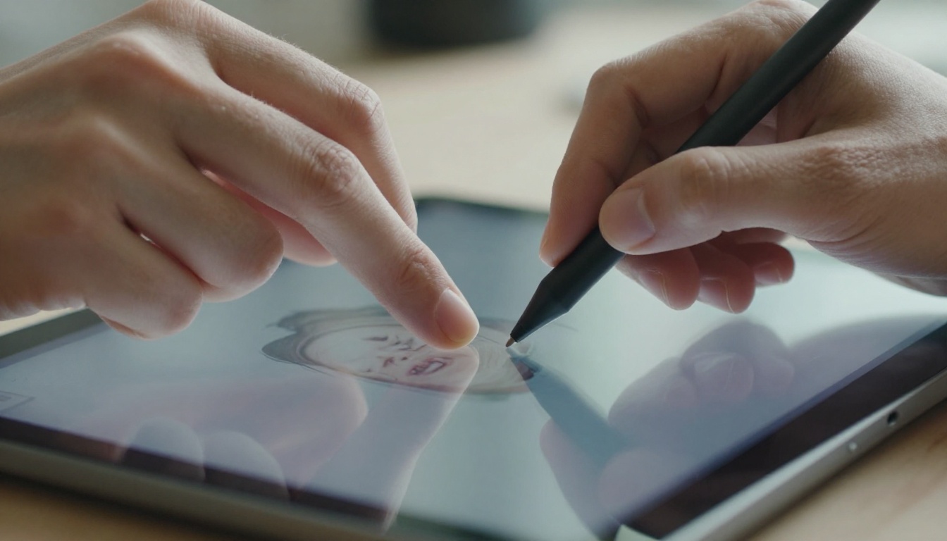 Hands editing AI-generated portrait on a tablet