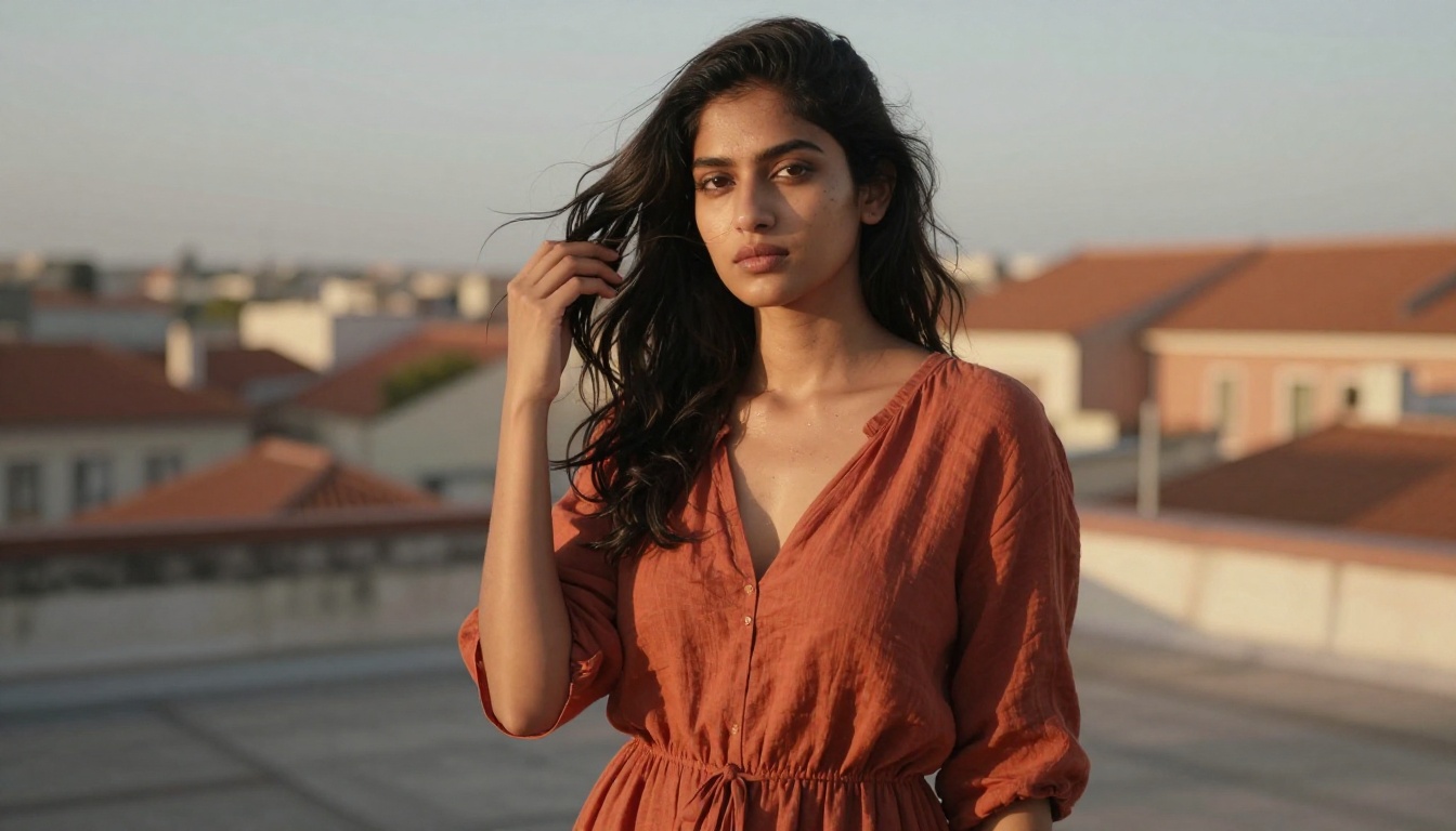 Editorial portrait of a fashion model in warm side light