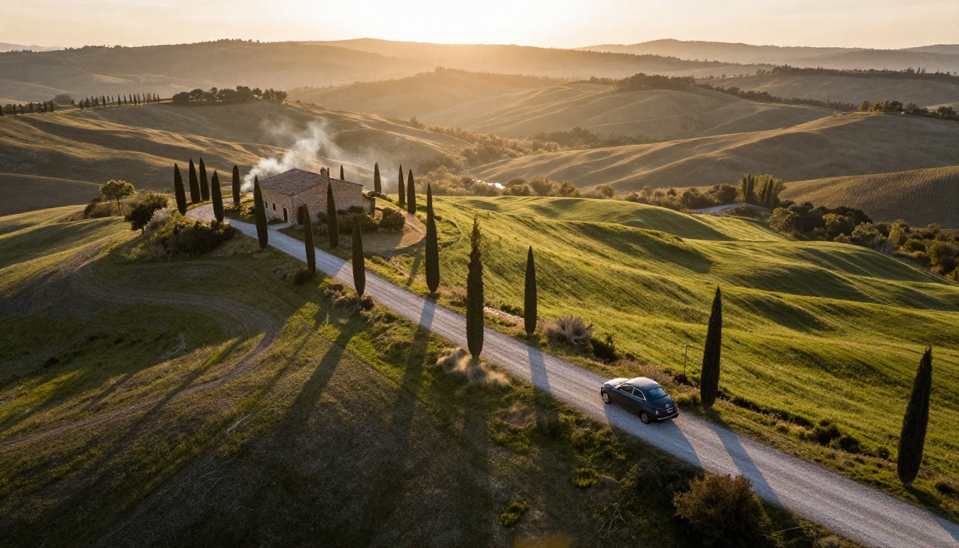 Aerial drone shot of Tuscan hills at golden hour