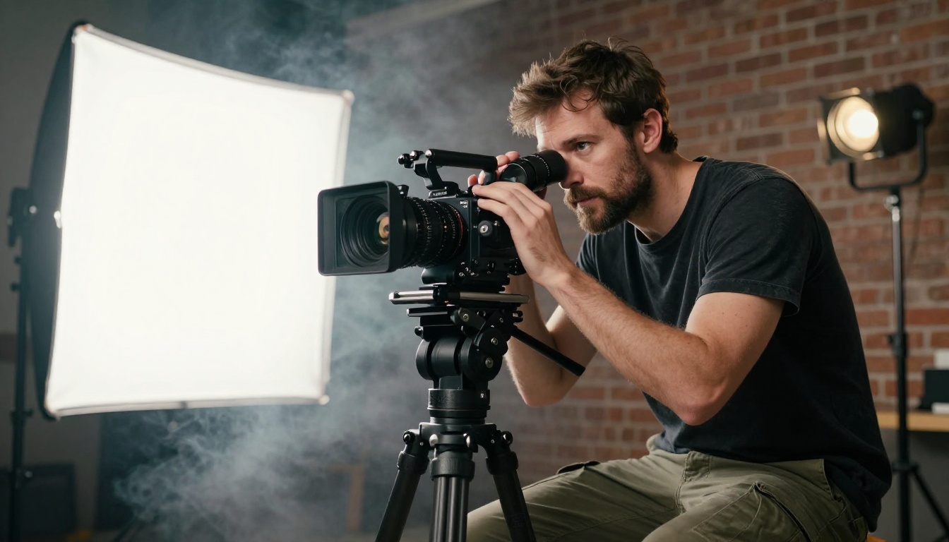 Creative director looking through a cinema camera in a smoky studio