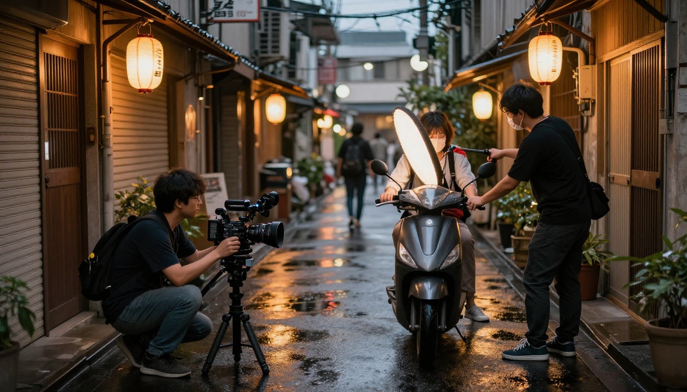 BTS wide shot of a small film crew in a Tokyo back-alley