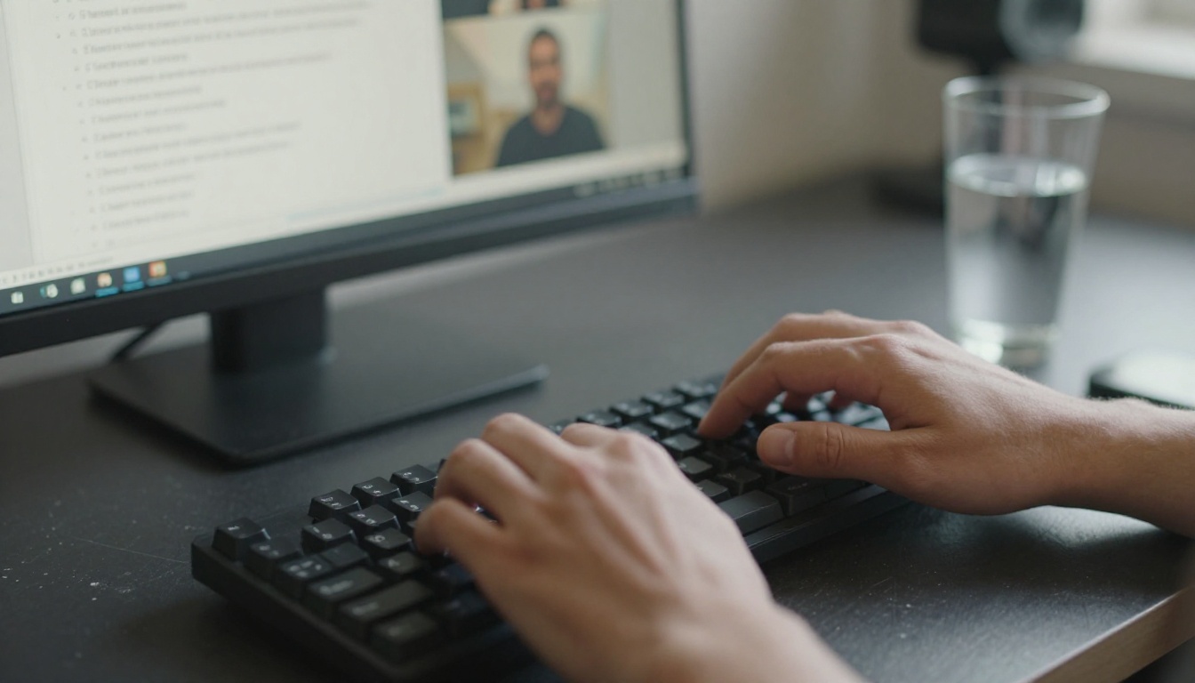 Hands typing a video script on a mechanical keyboard