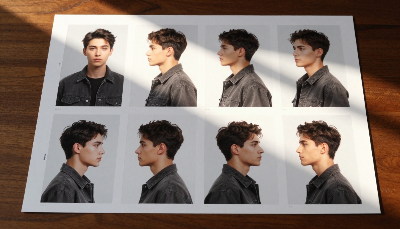 Flat-lay of nine reference photos of the same male AI character arranged in a 3x3 grid