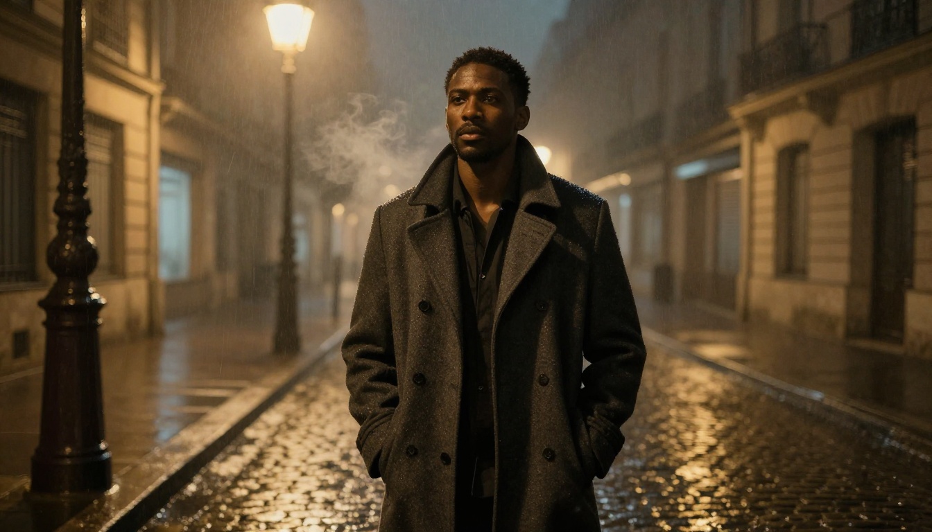 Cinematic night portrait of a singer under a Paris streetlamp