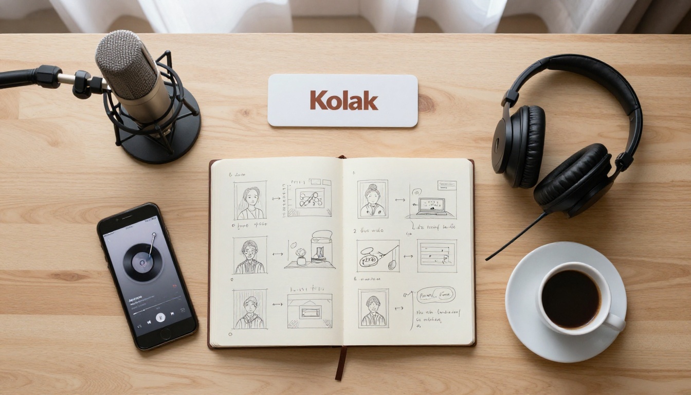 Voiceover flat lay with microphone and headphones on light oak desk