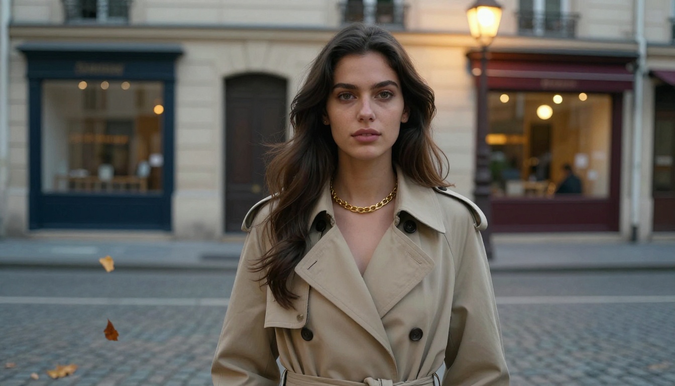Same female AI character standing on a cobblestone Parisian street at evening
