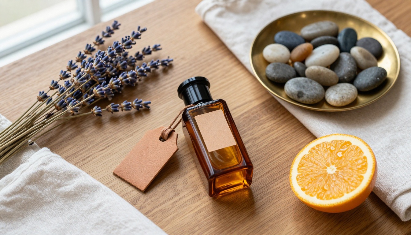 Overhead product flatlay of an artisanal perfume setup