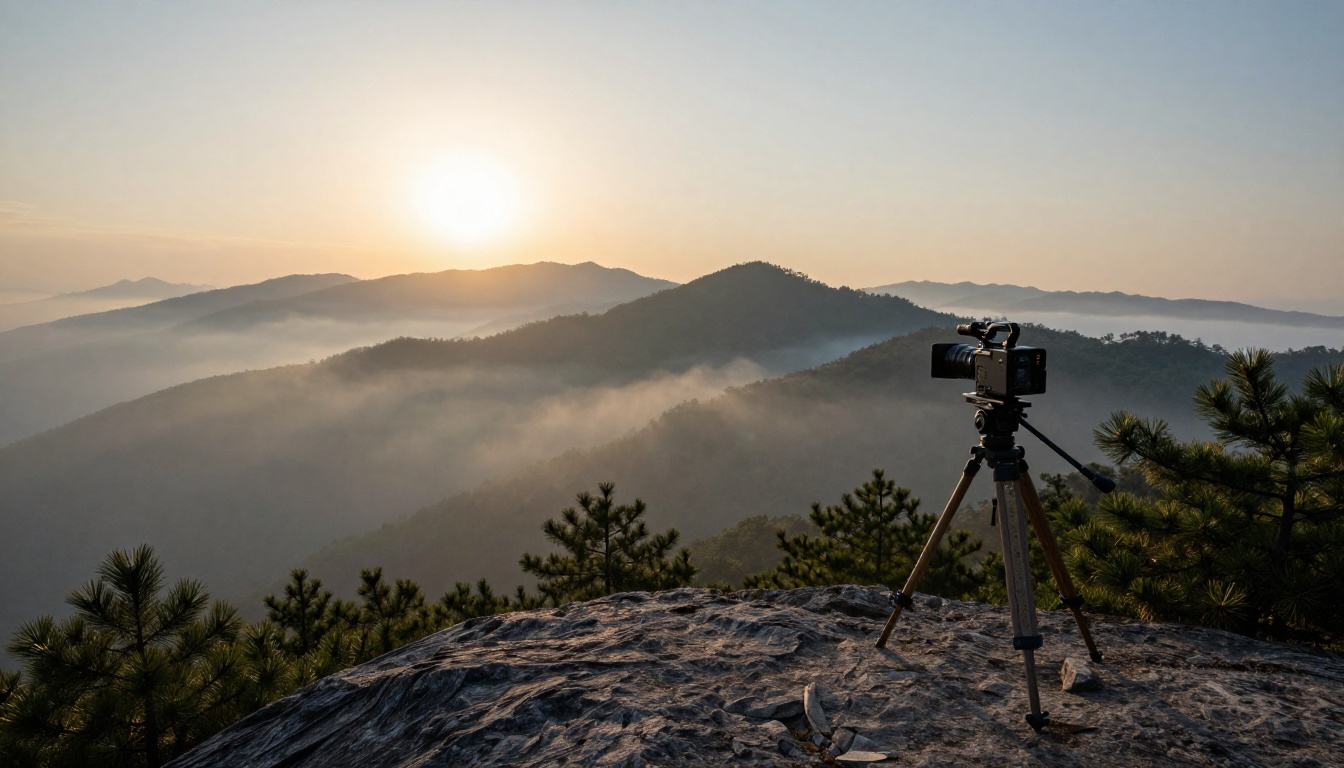 Misty mountain landscape at dawn with cinema camera silhouette