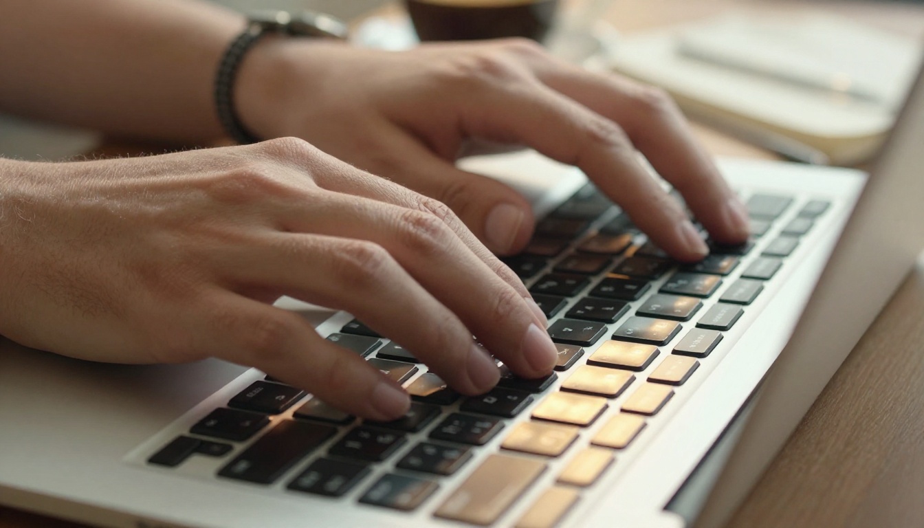 Hands typing on a laptop in warm tungsten light Hands typing on a laptop in warm tungsten light