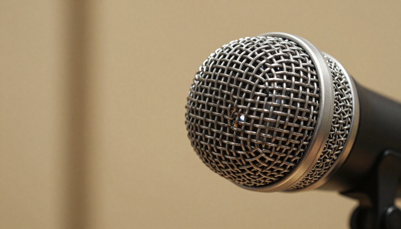Macro shot of a silver studio microphone with pop filter