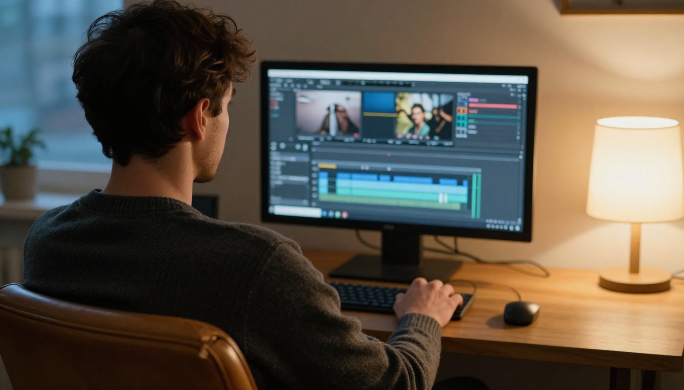 Editor at twilight working on a video timeline Editor at twilight working on a video timeline