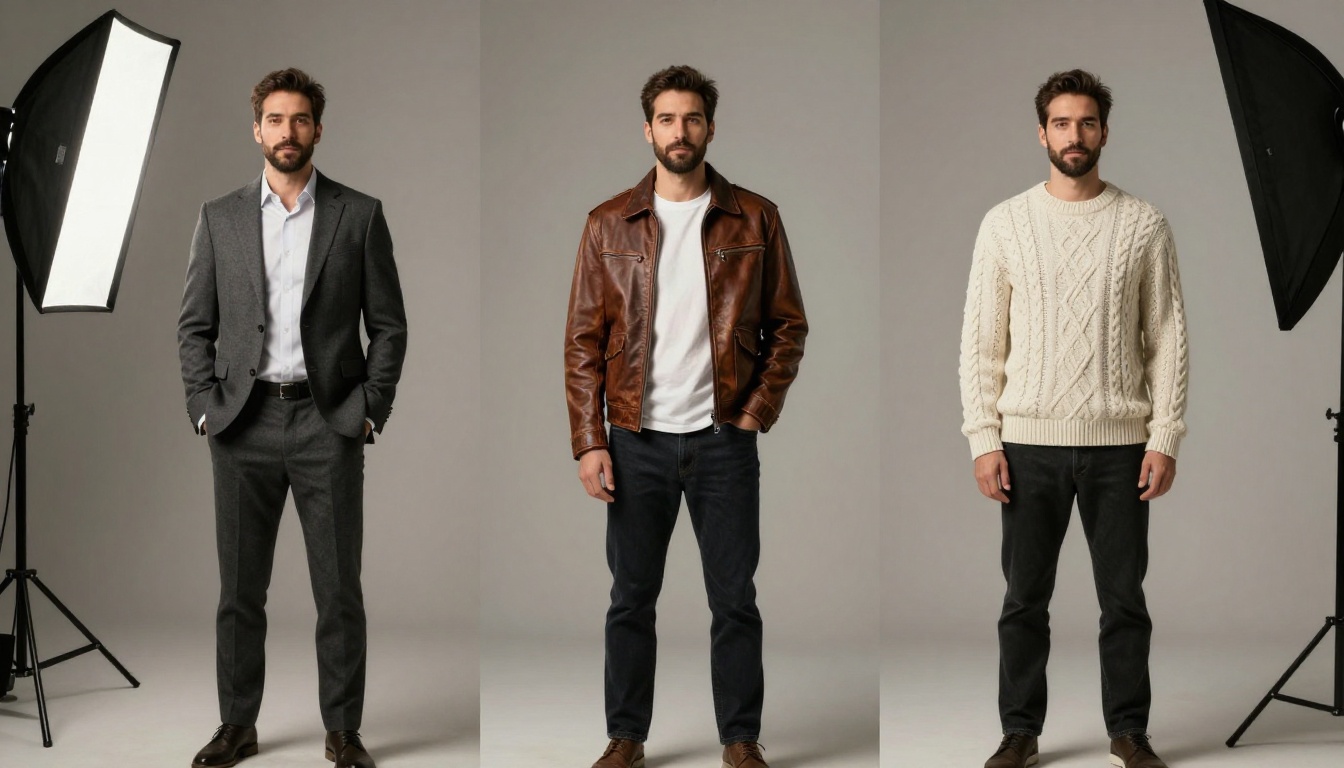 Editorial shot of the same male character in three different outfits against a seamless backdrop