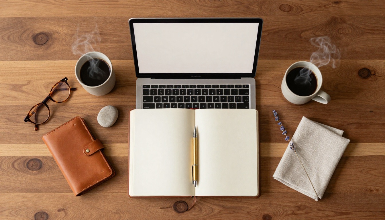 Aerial flatlay of a creative wooden desk workspace Aerial flatlay of a creative wooden desk workspace